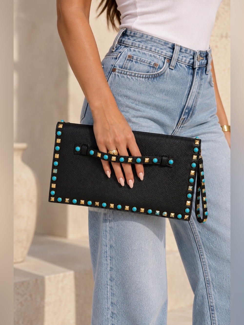 Urban Expressions Black Clutch with Turquoise and Gold Studs